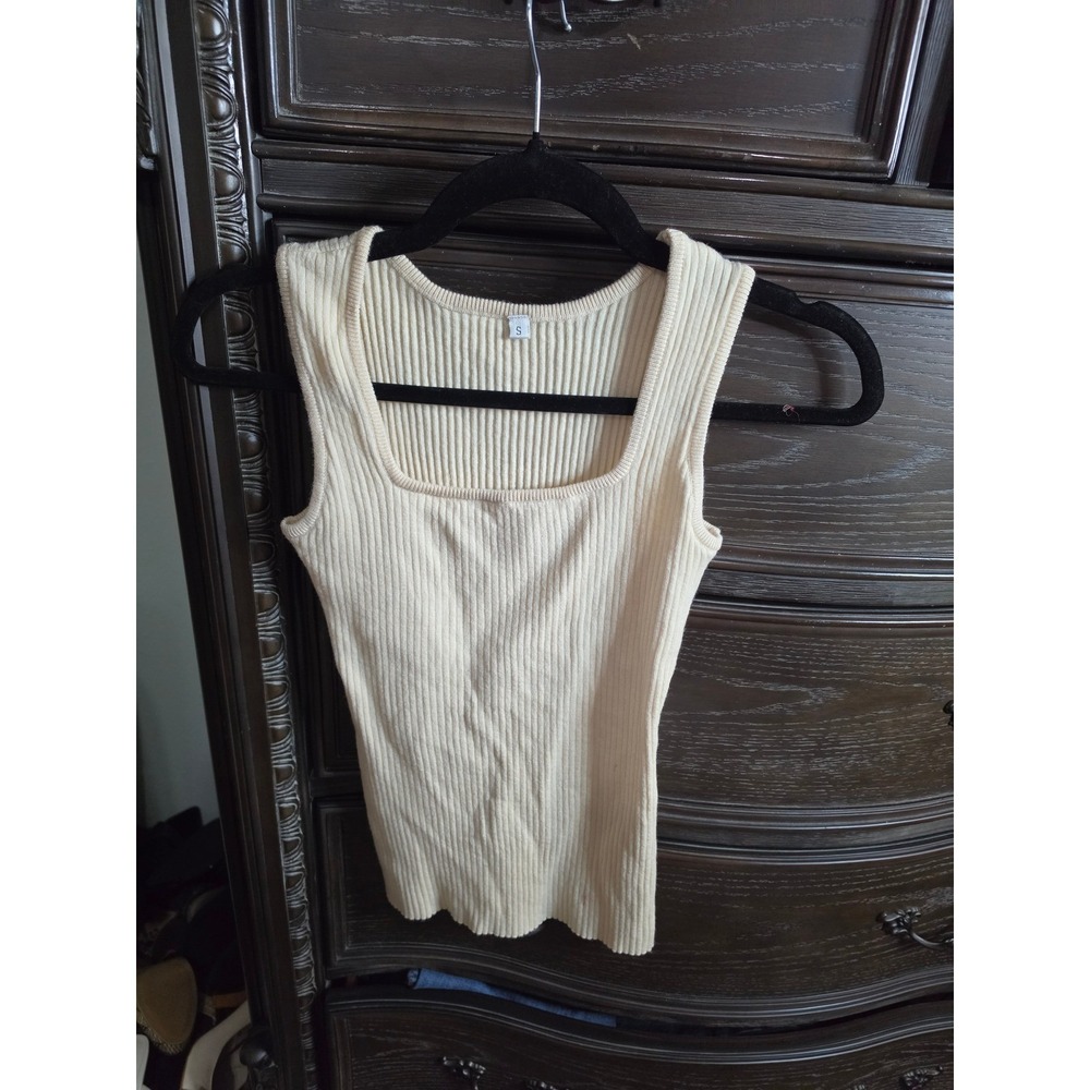 Cream Ribbed Knit Square Neck Tank Top Sleeveless Bodice Layering Shirt Small